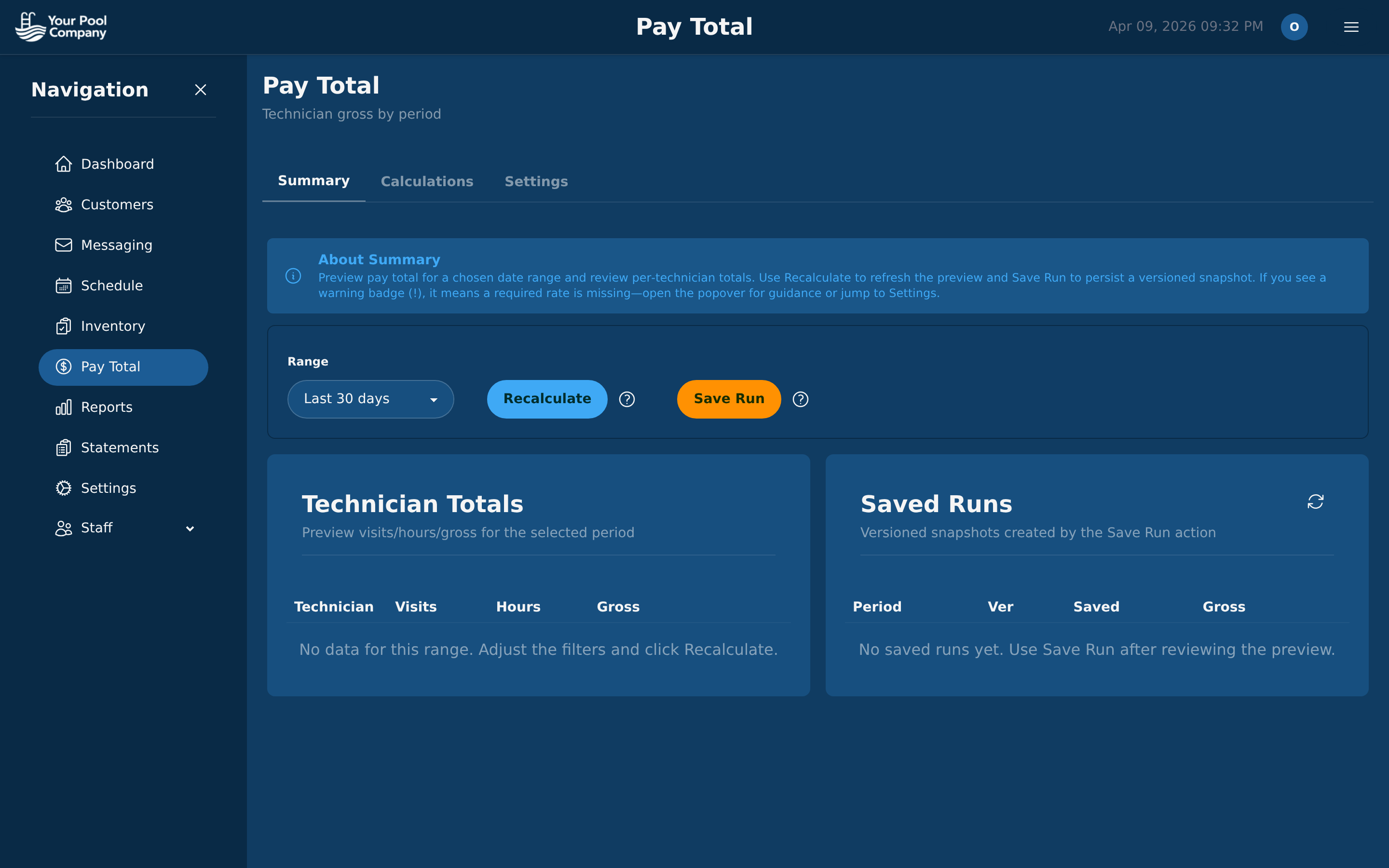 EZ Pool Biller payroll totals and technician earnings breakdown