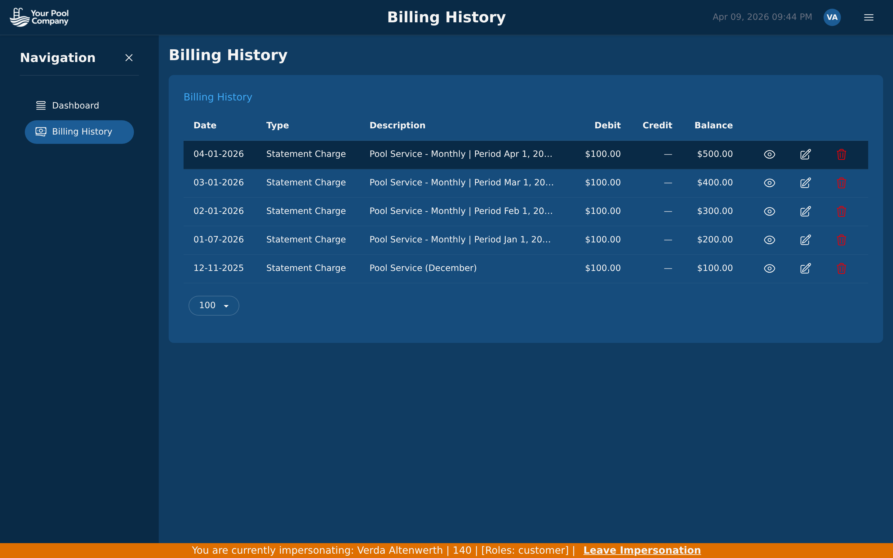 Customer portal billing history with transaction details