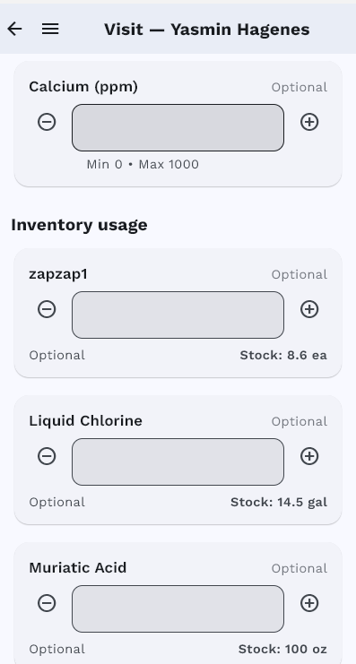 Inventory usage tracking with stock levels for chemicals