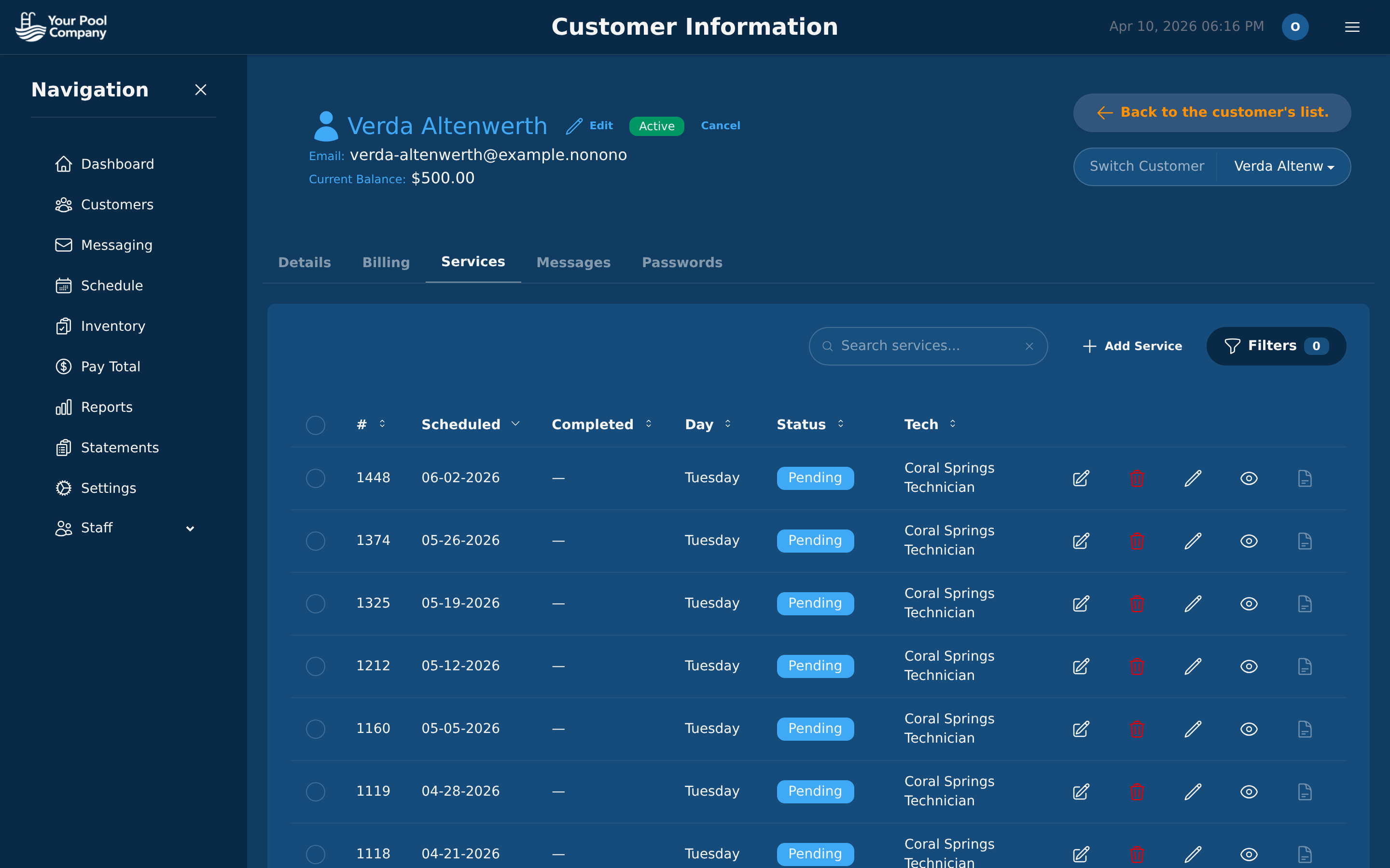 Customer services tab showing active subscriptions and service details