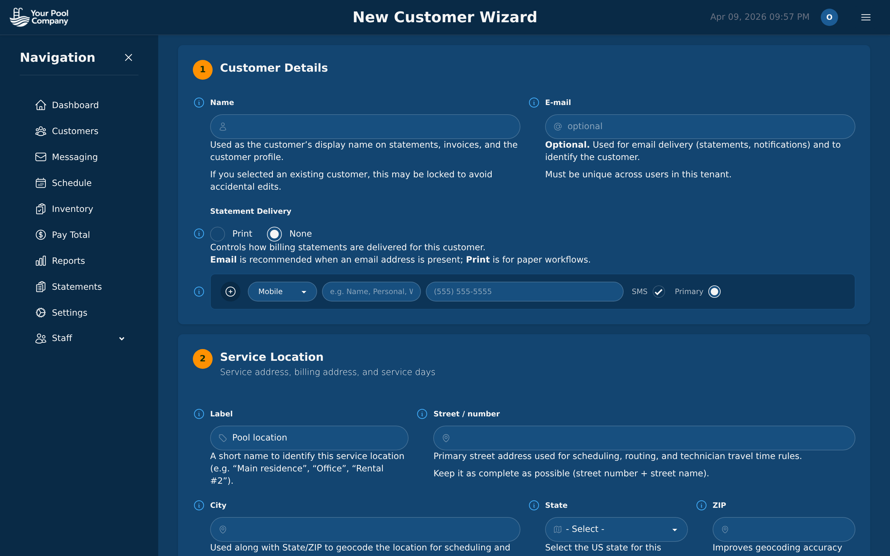 EZ Pool Biller subscription setup wizard for new customer